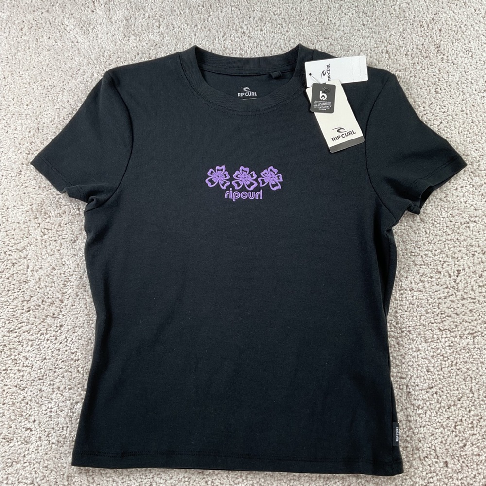 Rip Curl Womens Neon Isles Fitted Tee Black Purple Floral Embroidered XS New